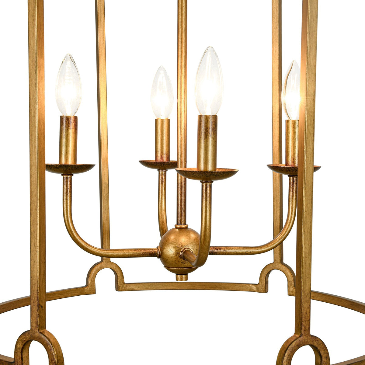 French Country Distressed Gold Candle Style Cylinder Lantern Chandelier