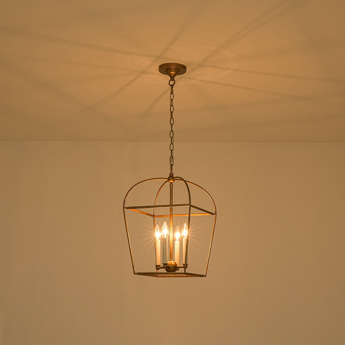 French Distressed Gold Candle Arch Square Lantern Chandelier