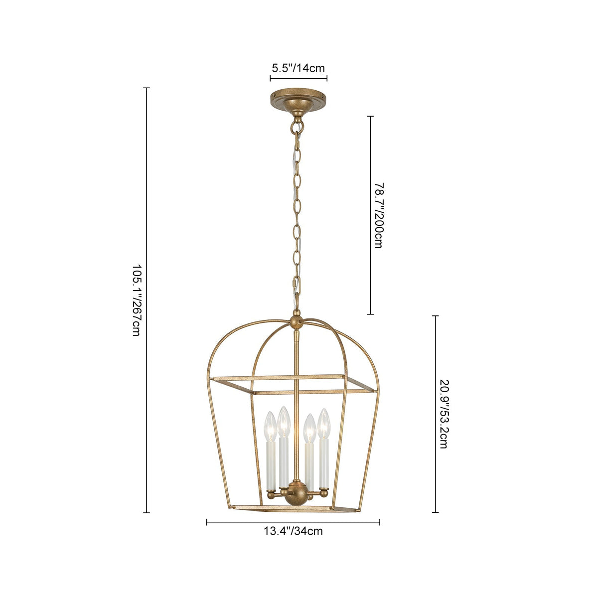 French Distressed Gold Candle Arch Square Lantern Chandelier