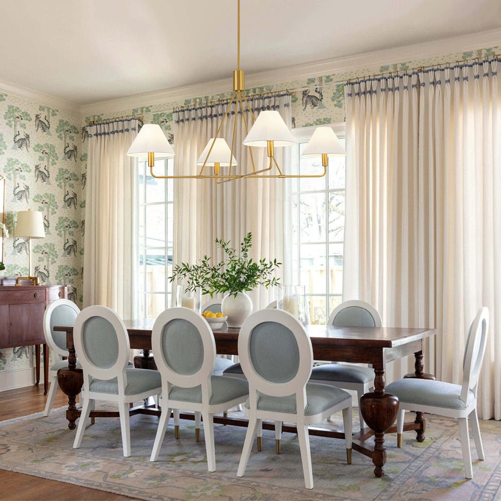 French Luxe Brass 4-Light White Linen Shade Candle Chandelier