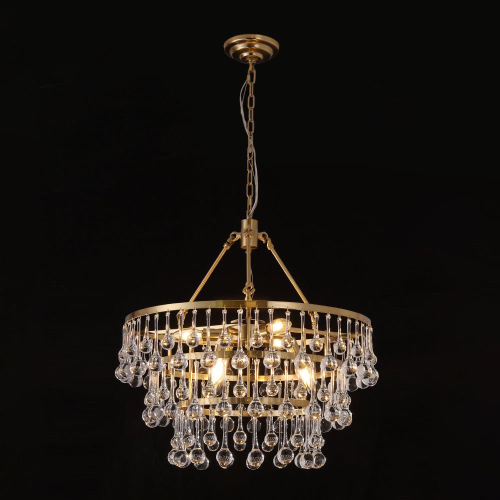 Glam Luxe Brass Tiered Crystal Raindrop Round Chandelier