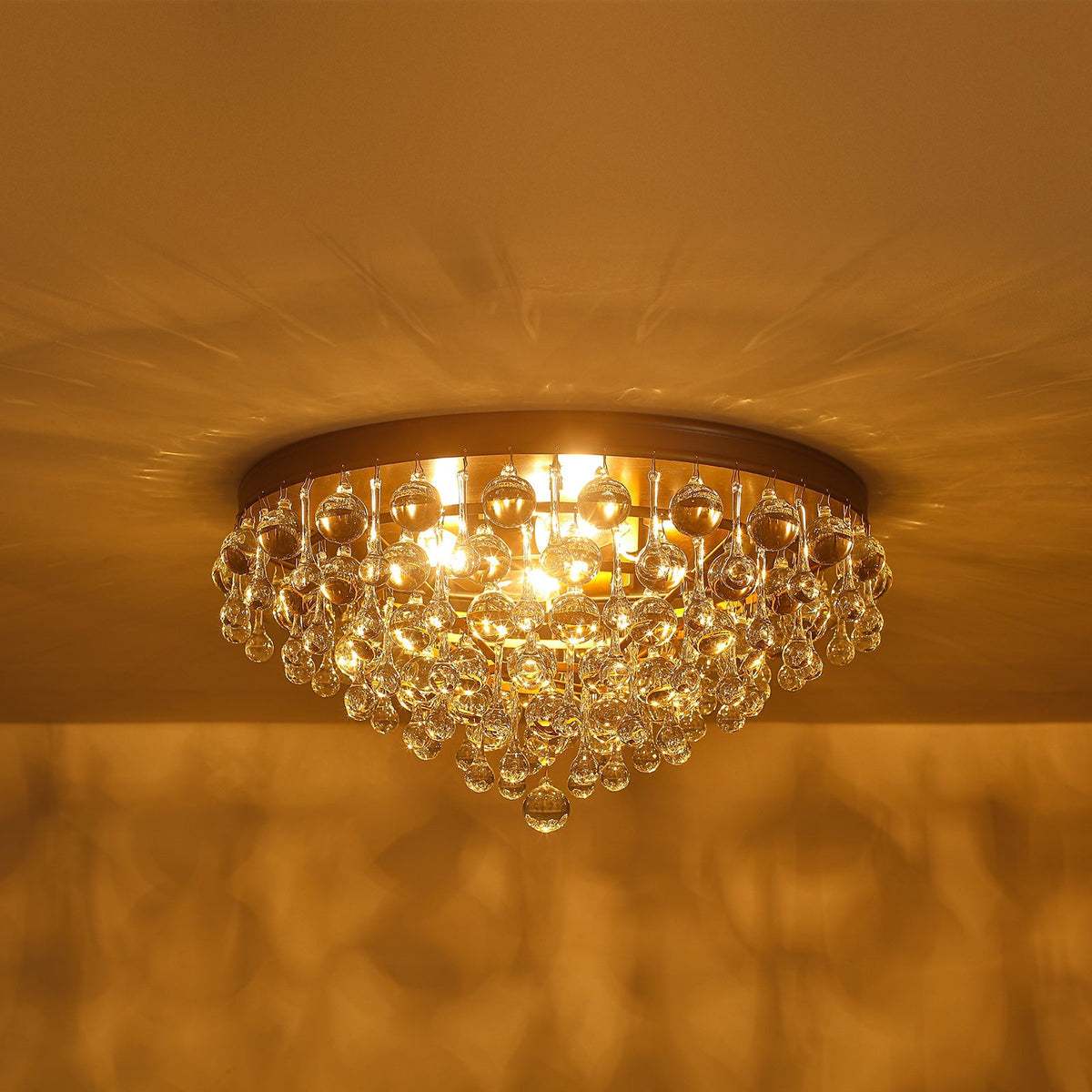 Glam Tiered Cascaded Crystal Raindrop Round Semi Flush Mount
