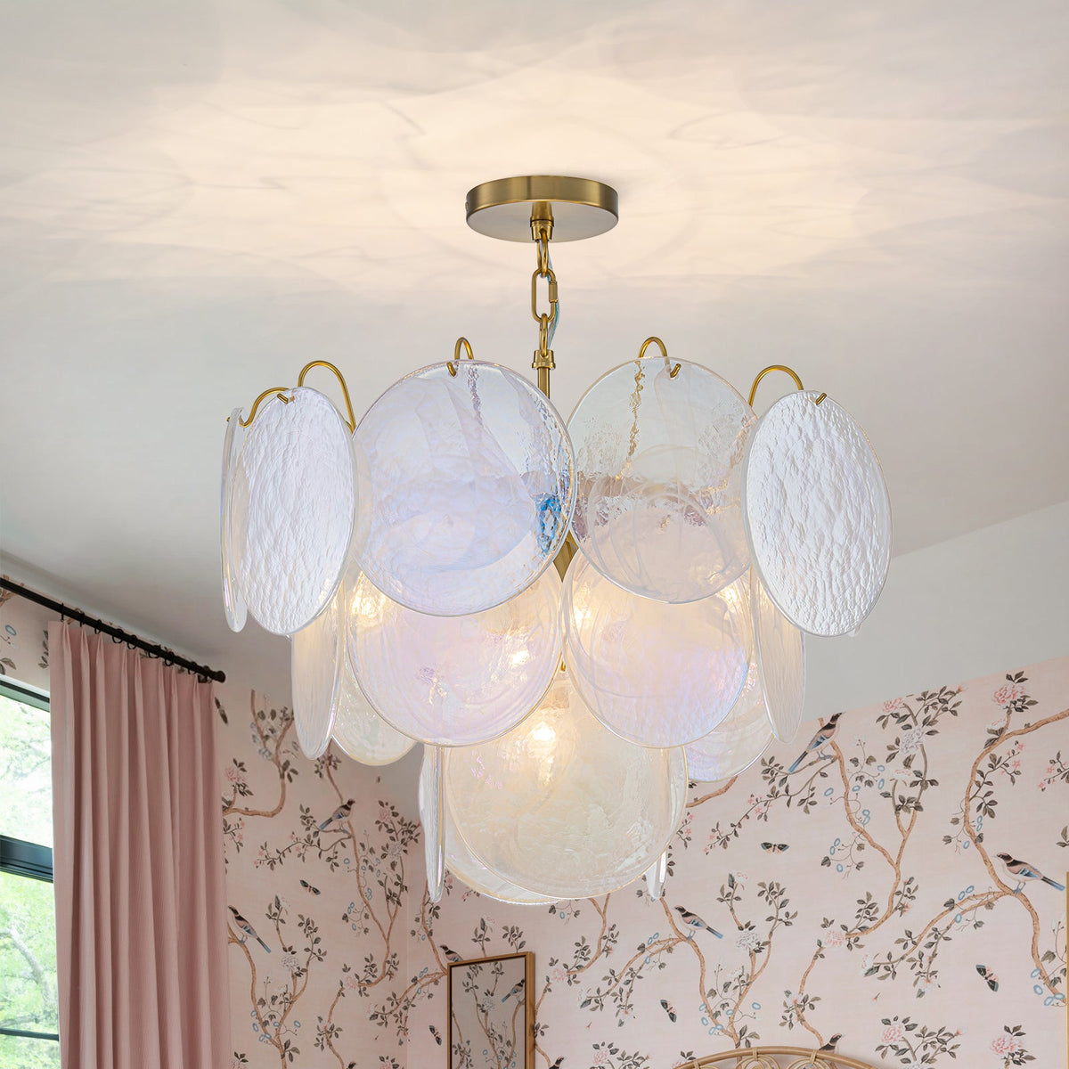 Glam White Iridescent Swirl Glass Round Tiered Chandelier