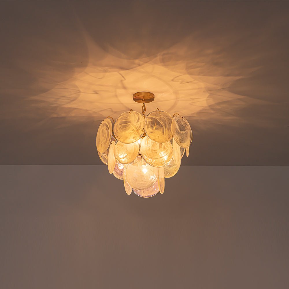 Glam White Iridescent Swirl Glass Round Tiered Chandelier