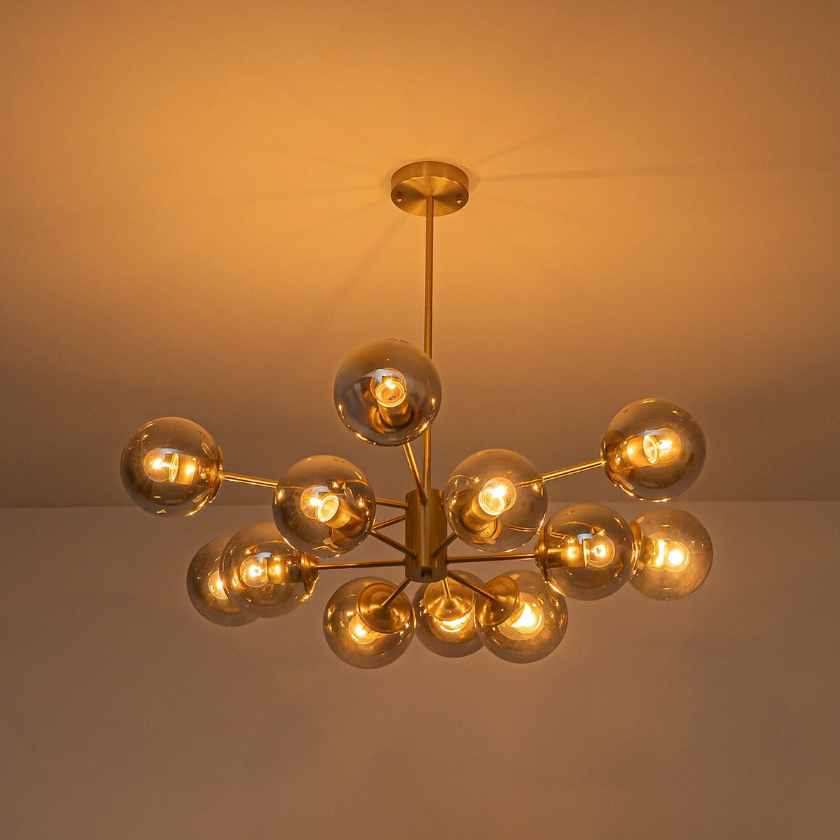 Mid-Century 12-Light Smoked Glass Globe Tiered Sputnik Chandelier