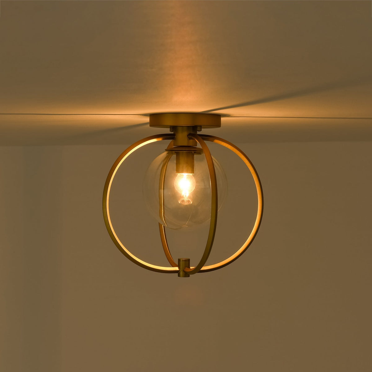 Orrery Brass Layered Ring 1-Light Glass Globe Semi Flush Mount