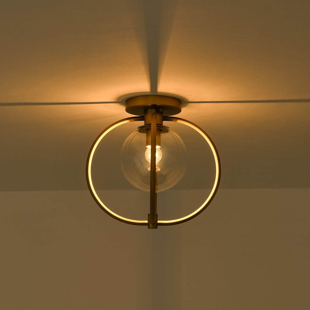 Orrery Brass Layered Ring 1-Light Glass Globe Semi Flush Mount
