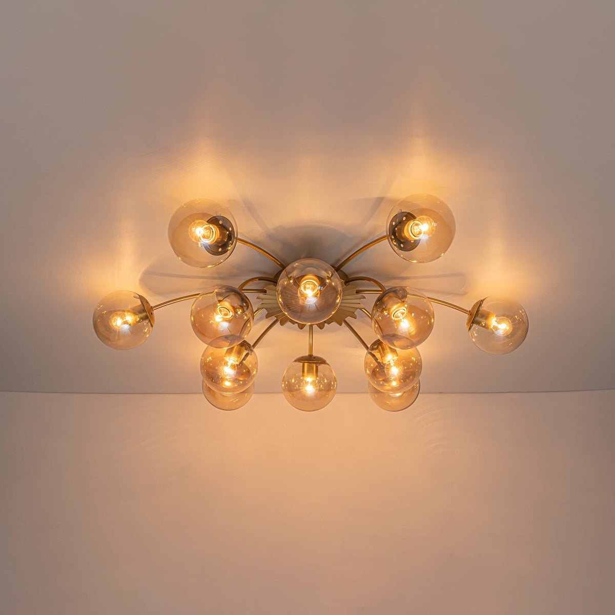Retro Bloom 12-Light Amber Glass Bubble Semi Flush Chandelier