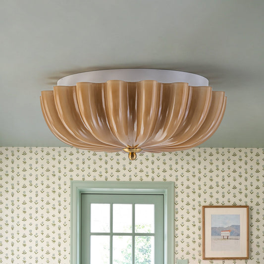 Retro Mocha Brown Glass Pleated Flower Ceiling Light