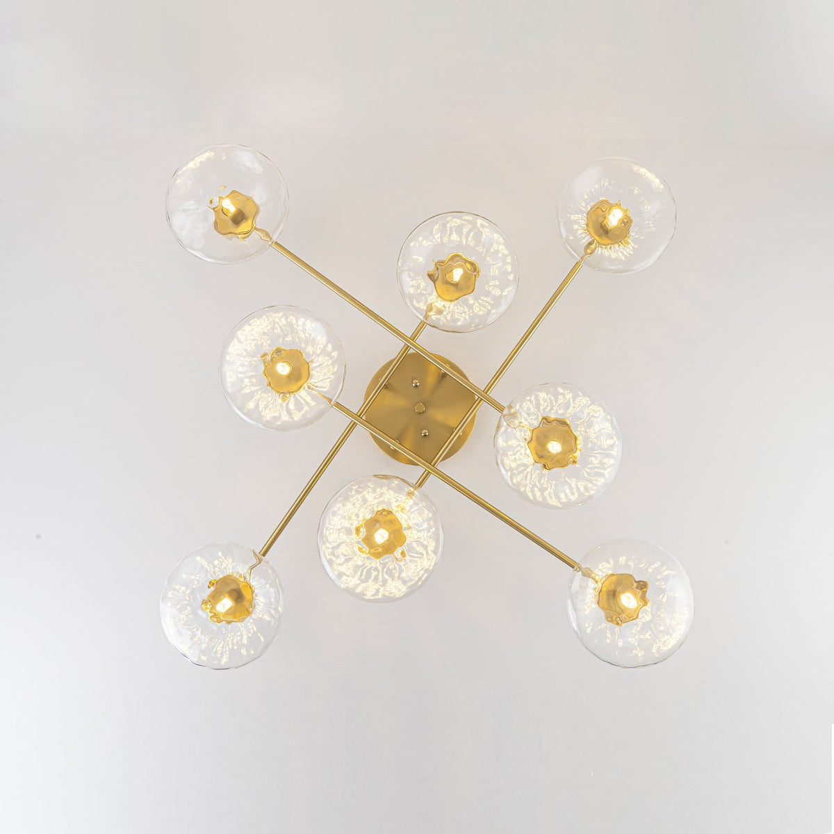 Sculptural Brass Hammered Glass Globe Sputnik Ceiling Light