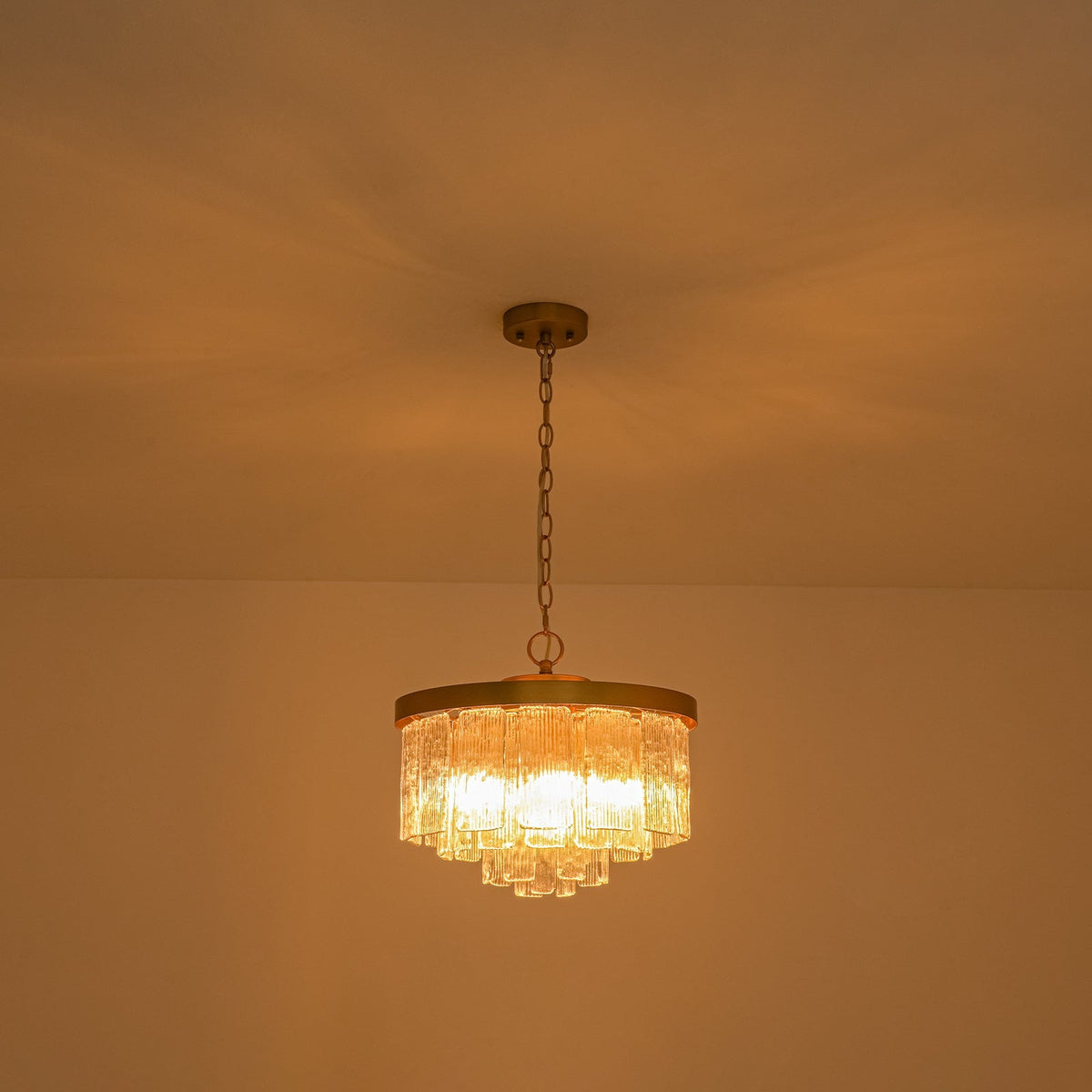 Tiered Water Ribbed Glass Round Semi Flush Chandelier