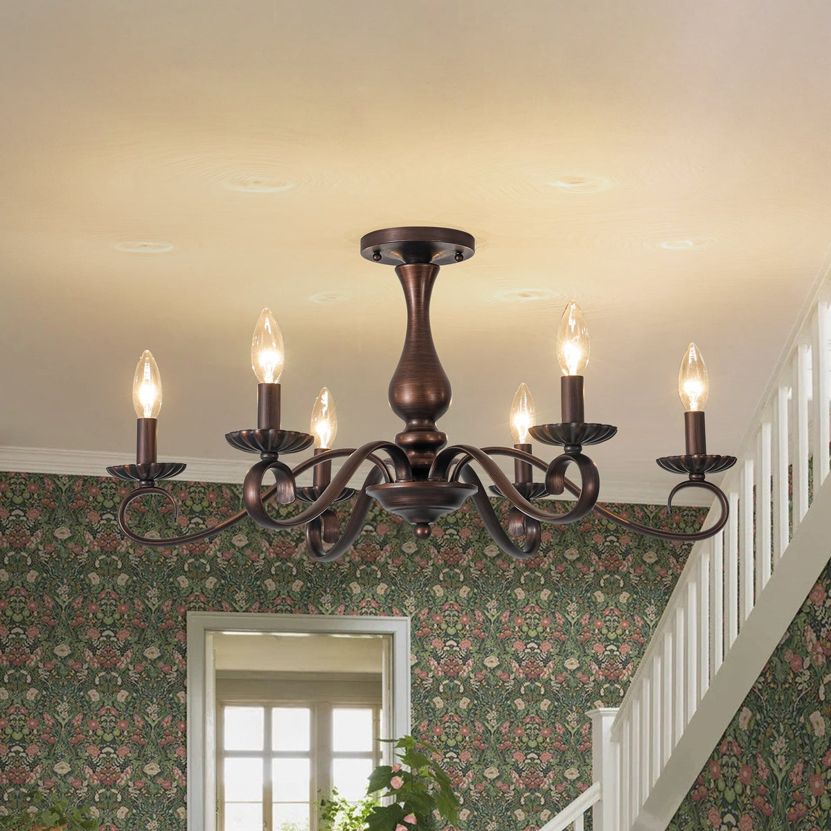 Vintage Heritage Bronze 6-Light Metal Candle Semi Flush Chandelier