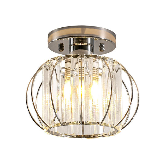 1-Light Dazzled Crystal Round Mini Cage Chrome Semi Flush Mount