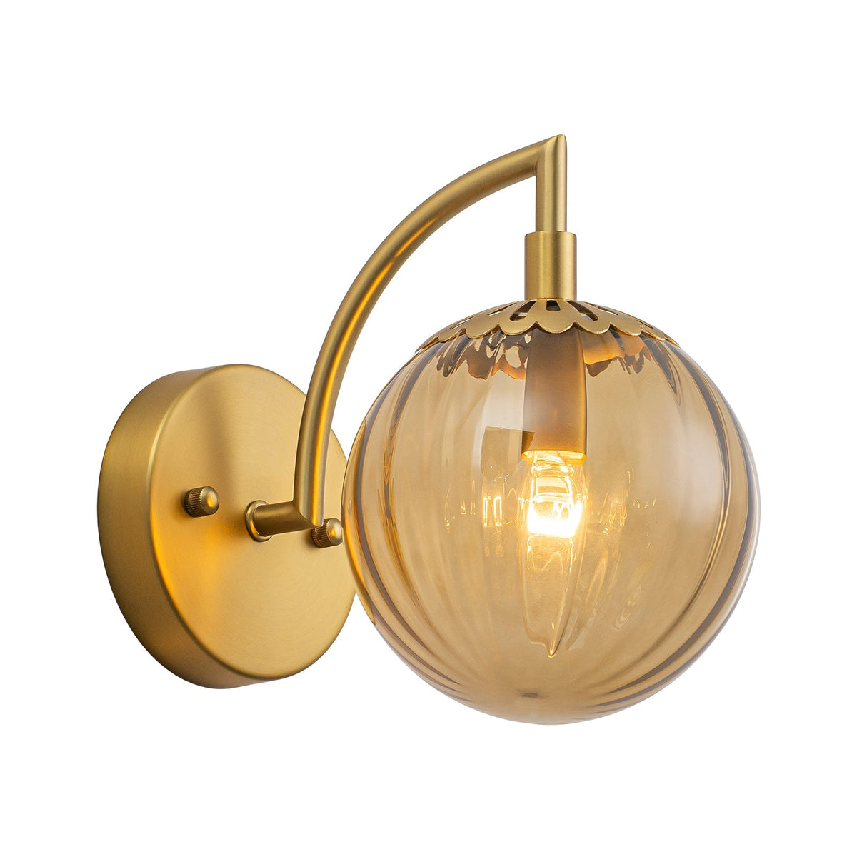 1-Light Goose Arm Amber Ribbed Glass Globe Wall Sconce