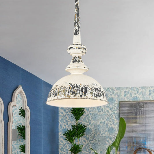 1-Light Shabby Chic Distressed Beige Metal Dome Pendant