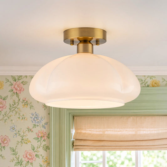 1-Light Shine Opal Glass Round Scalloped Pleated Semi Flush