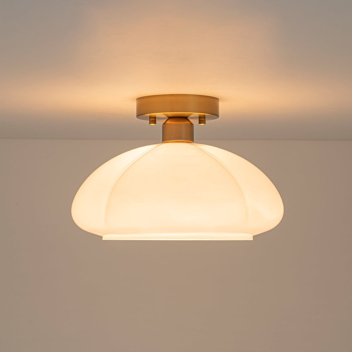 1-Light Shine Opal Glass Round Scalloped Pleated Semi Flush