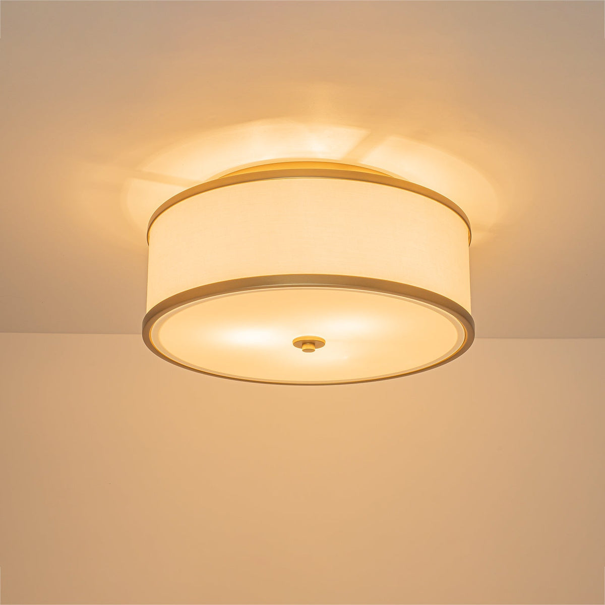 3-Light Brass White Fabric Drum Cage Semi Flush Mount