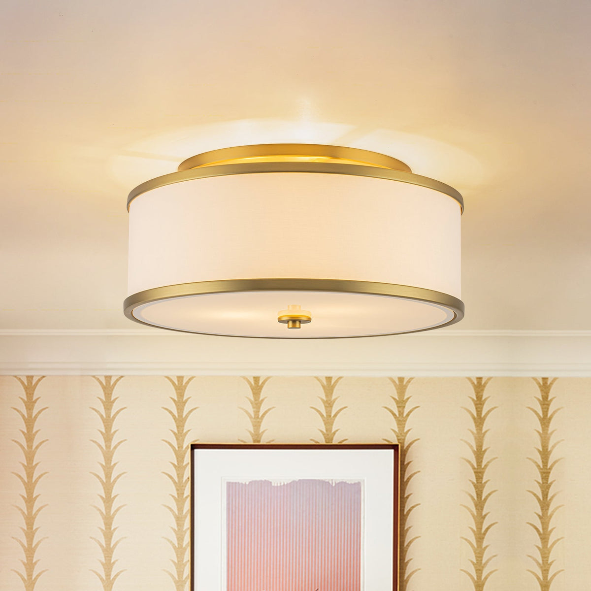 3-Light Brass White Fabric Drum Cage Semi Flush Mount