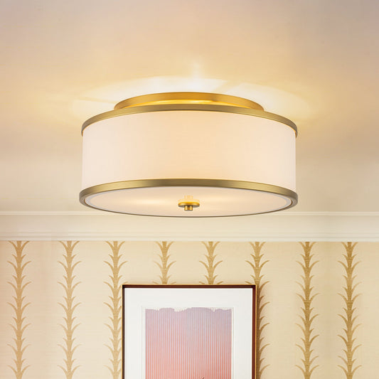 3-Light Brass White Fabric Drum Cage Semi Flush Mount