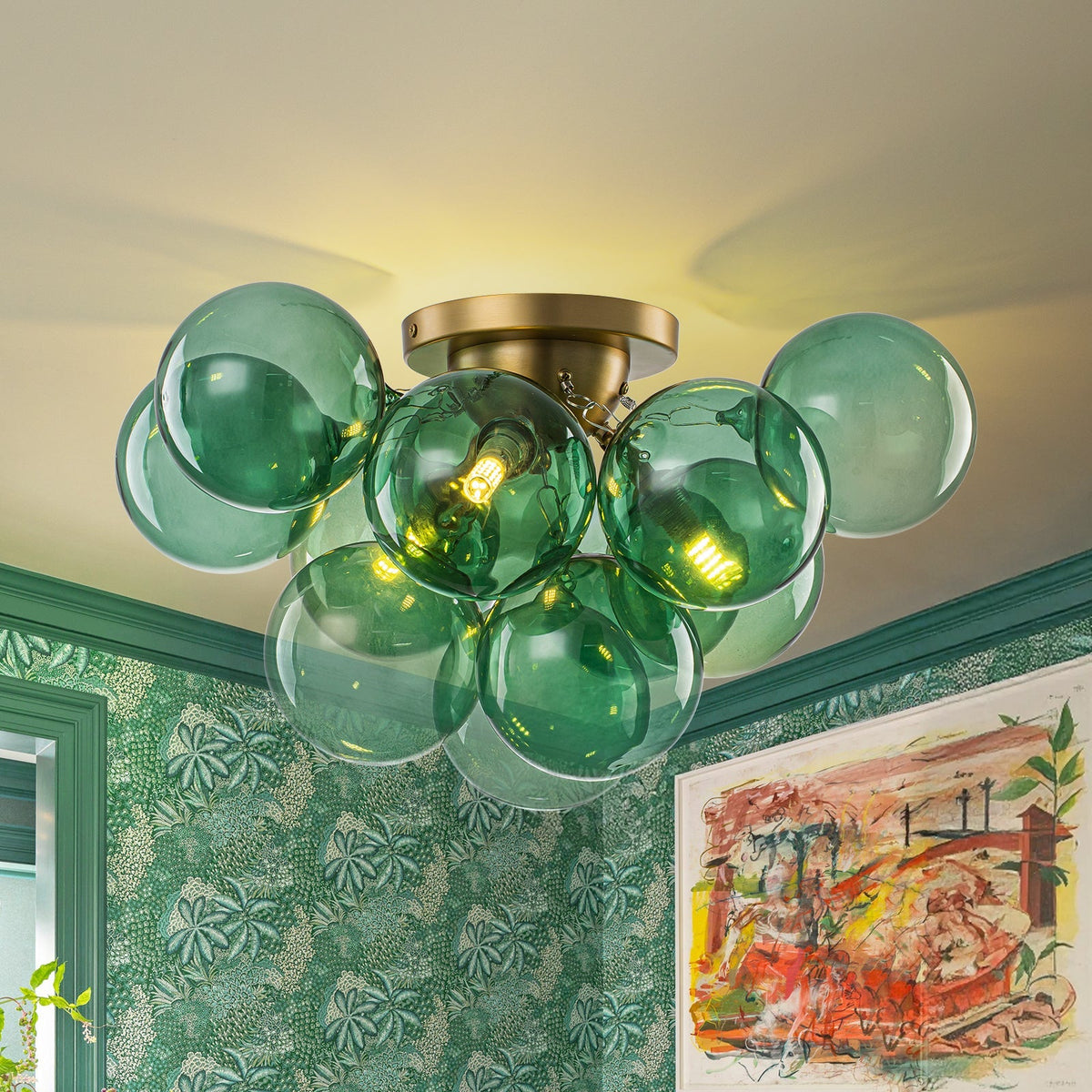 3-Light Cluster Green Tinted Glass Globe Bubble Semi Flush