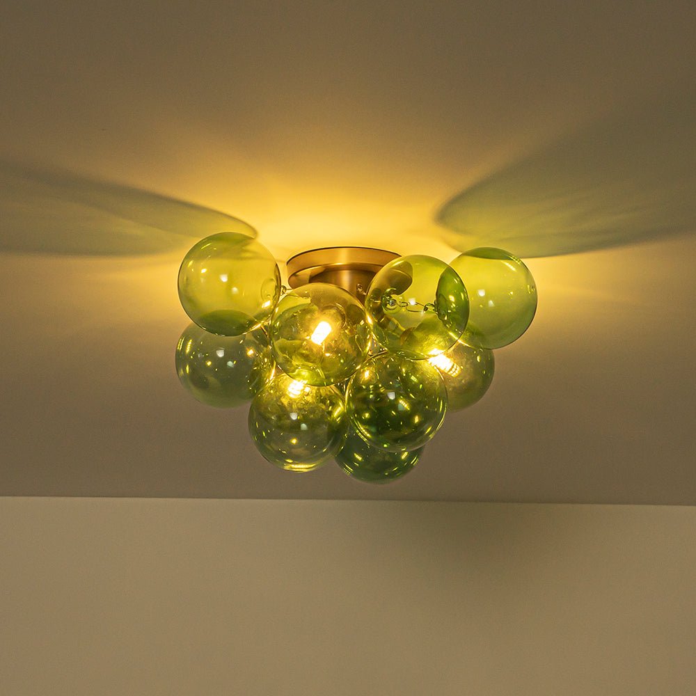 3-Light Cluster Green Tinted Glass Globe Bubble Semi Flush