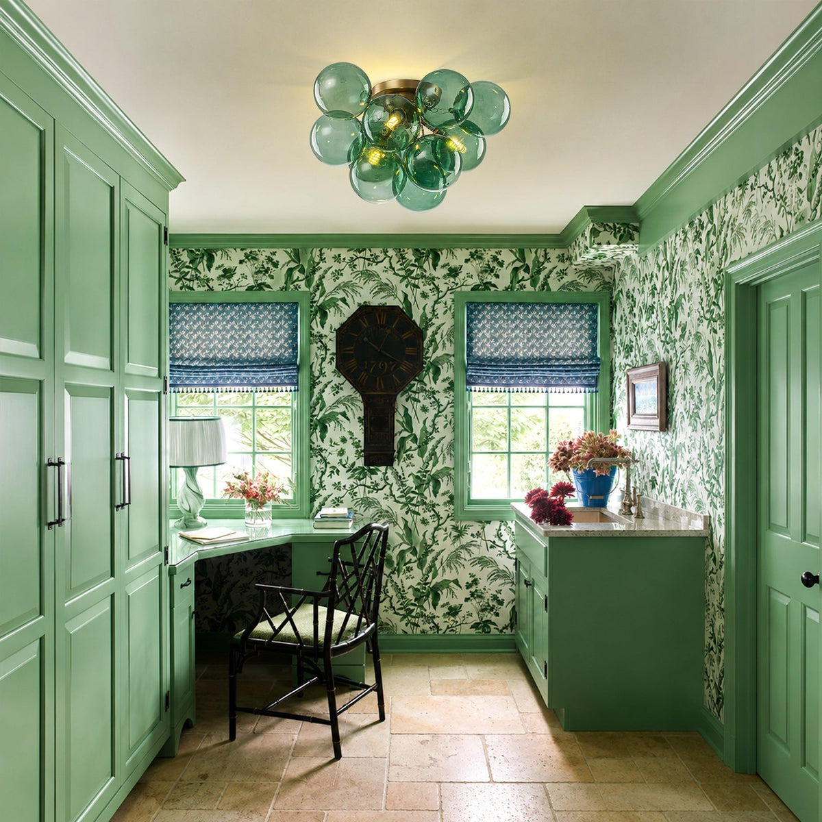 3-Light Cluster Green Tinted Glass Globe Bubble Semi Flush