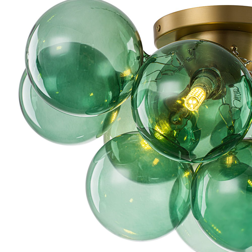 3-Light Cluster Green Tinted Glass Globe Bubble Semi Flush