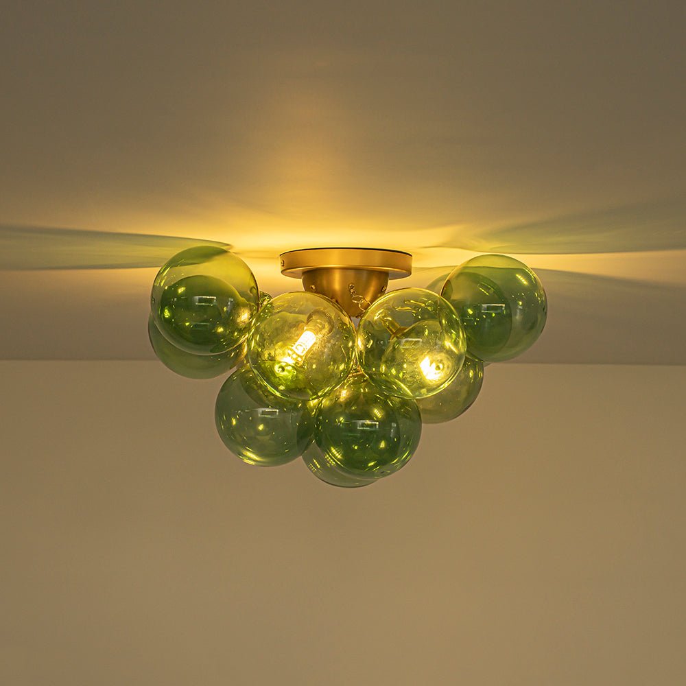 3-Light Cluster Green Tinted Glass Globe Bubble Semi Flush