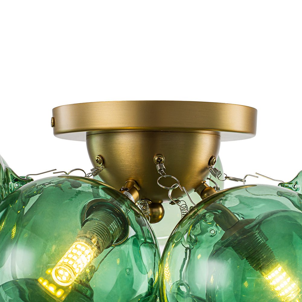 3-Light Cluster Green Tinted Glass Globe Bubble Semi Flush