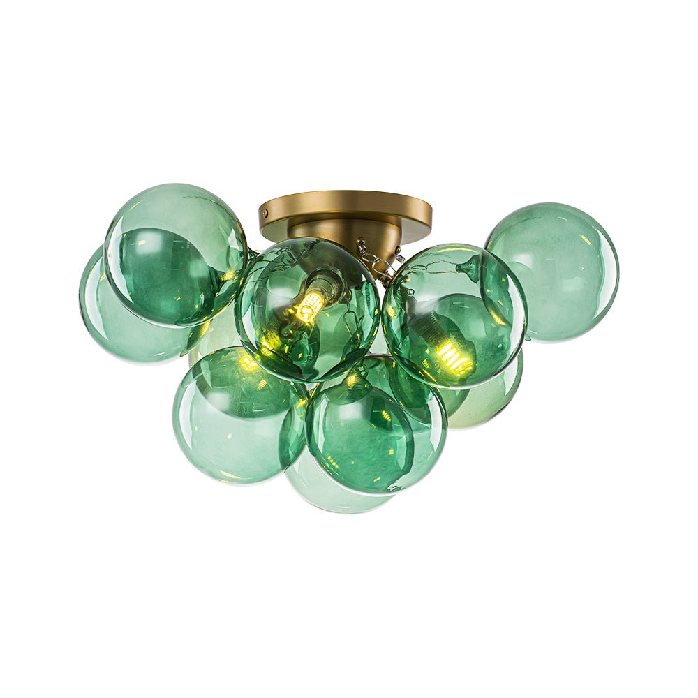 3-Light Cluster Green Tinted Glass Globe Bubble Semi Flush