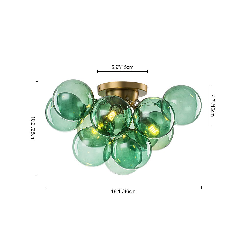 3-Light Cluster Green Tinted Glass Globe Bubble Semi Flush