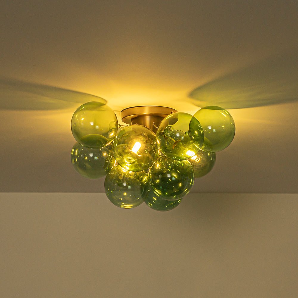3-Light Cluster Green Tinted Glass Globe Bubble Semi Flush