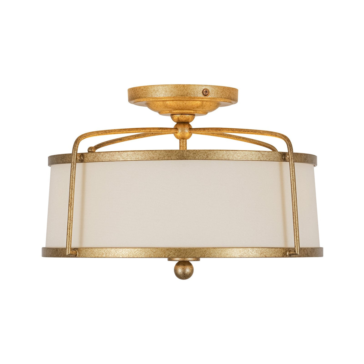 3-Light Distressed Gold Linen Drum Cage Semi Flush Mount