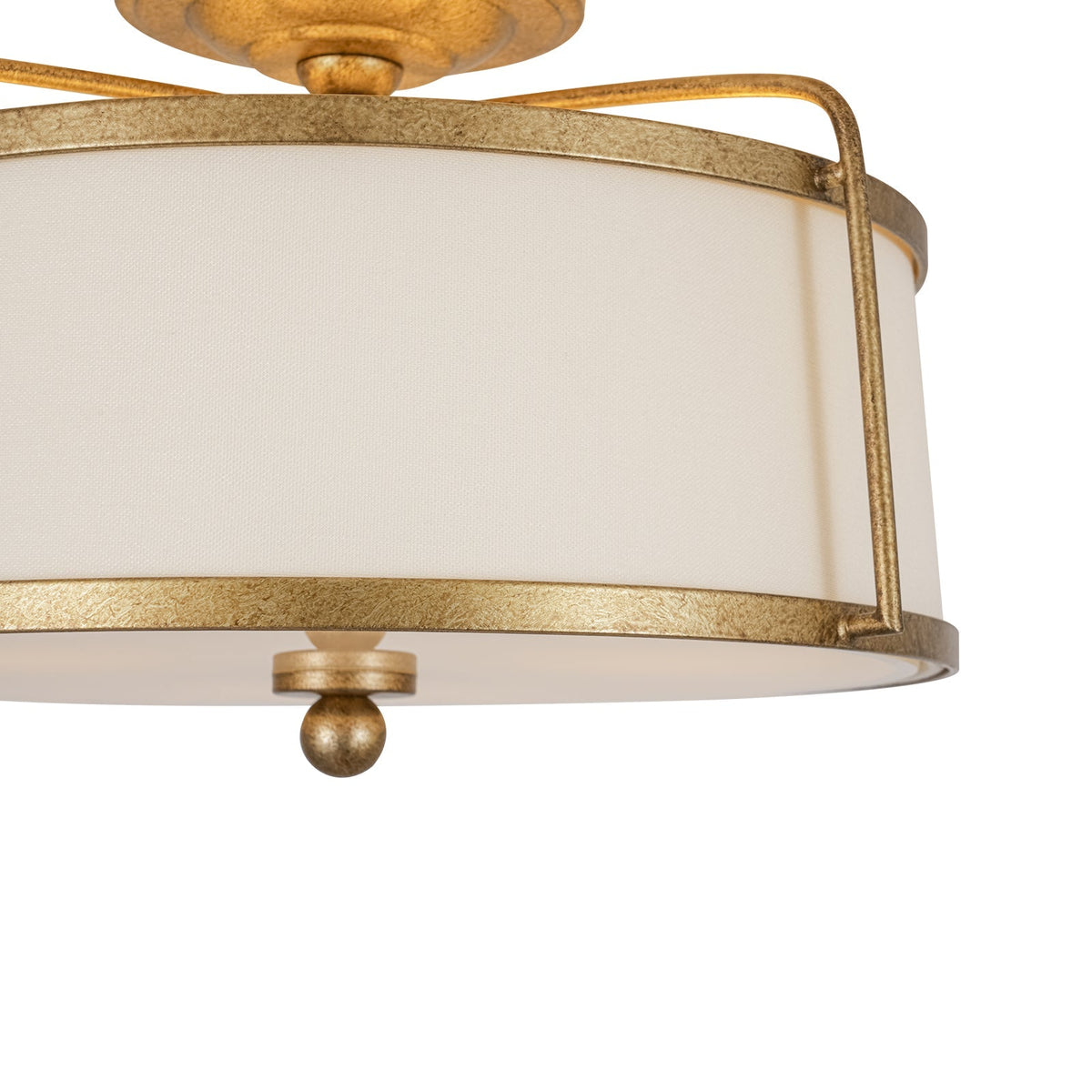 3-Light Distressed Gold Linen Drum Cage Semi Flush Mount