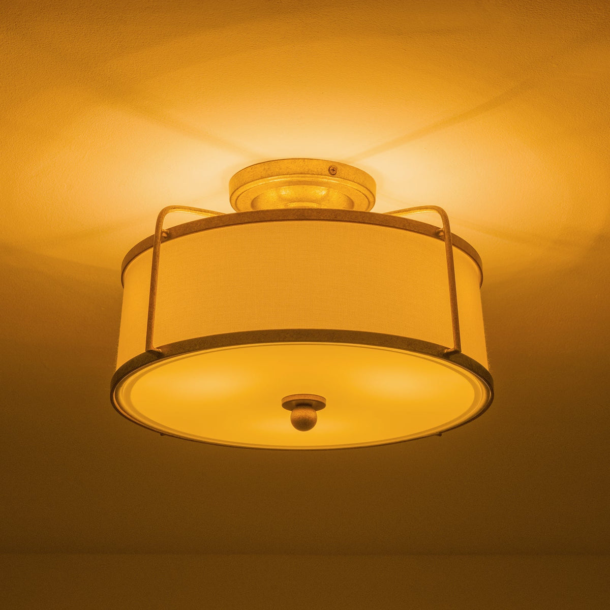 3-Light Distressed Gold Linen Drum Cage Semi Flush Mount