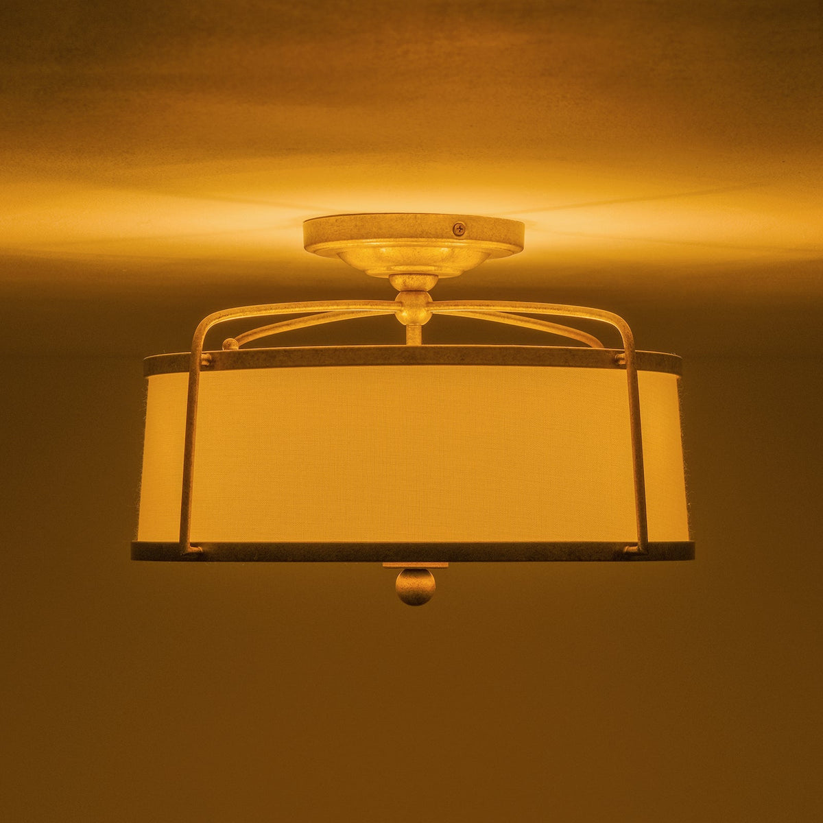 3-Light Distressed Gold Linen Drum Cage Semi Flush Mount