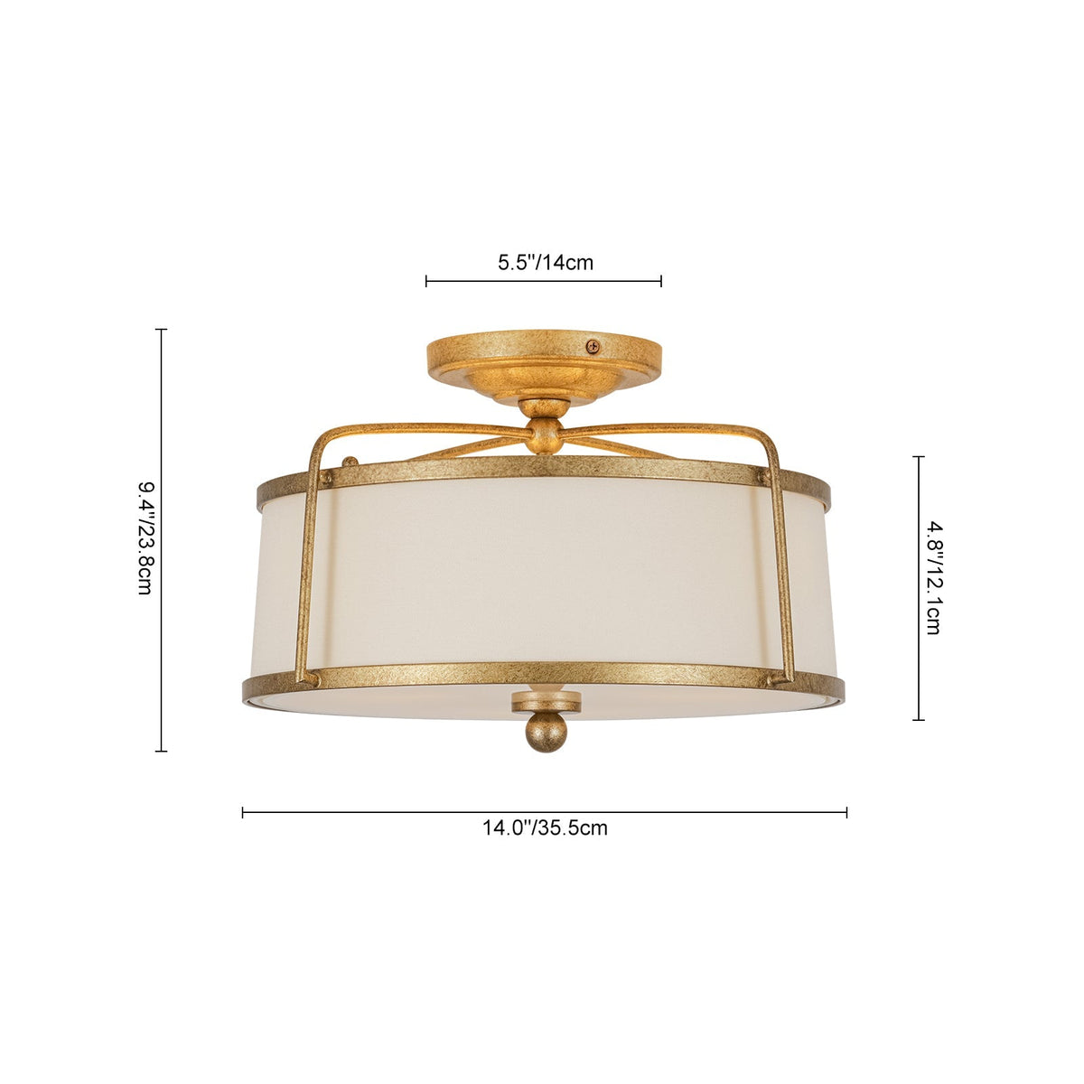 3-Light Distressed Gold Linen Drum Cage Semi Flush Mount