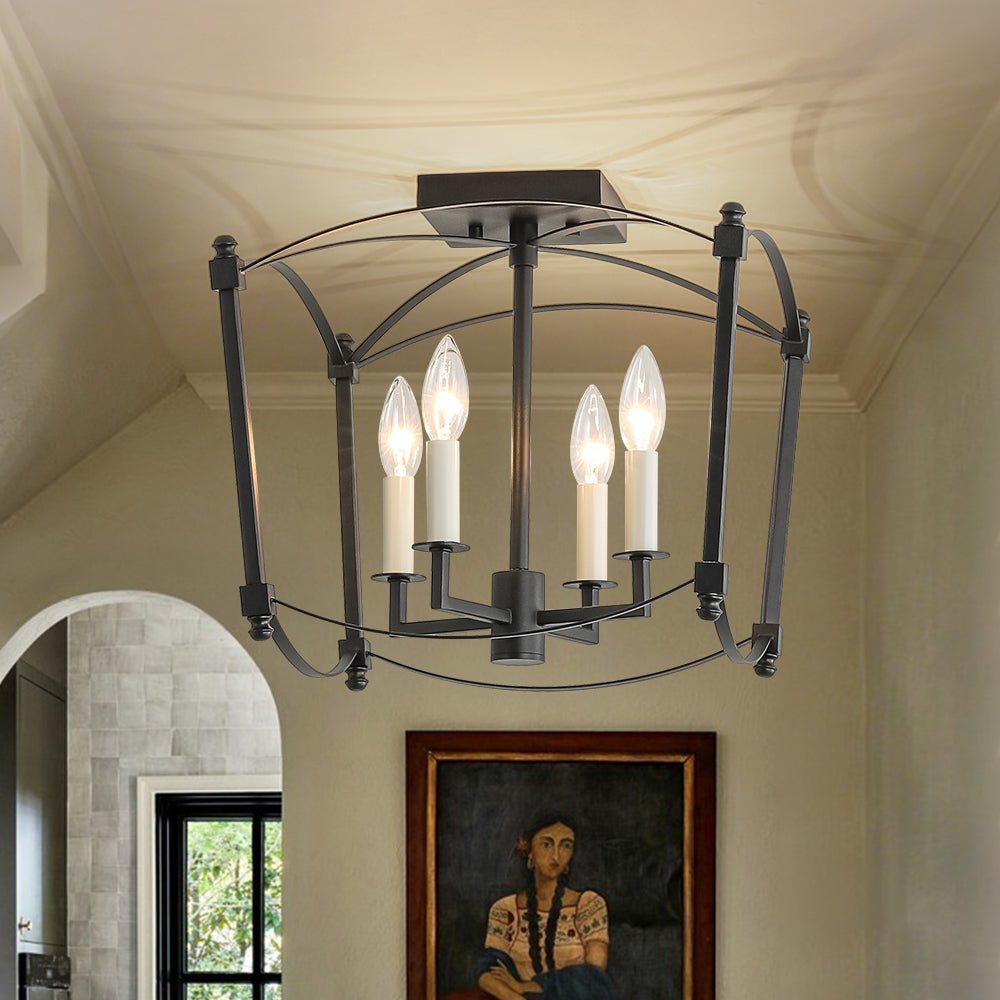 4-light French Black Candle Style Lantern Semi Flush