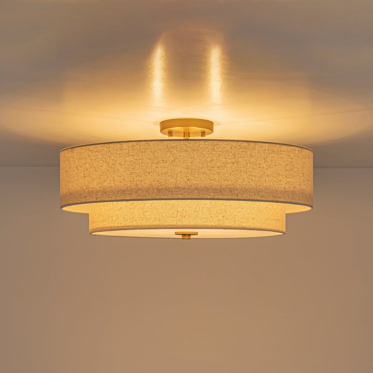 4-Light Tiered Beige Linen Round Drum Brass Semi Flush Mount