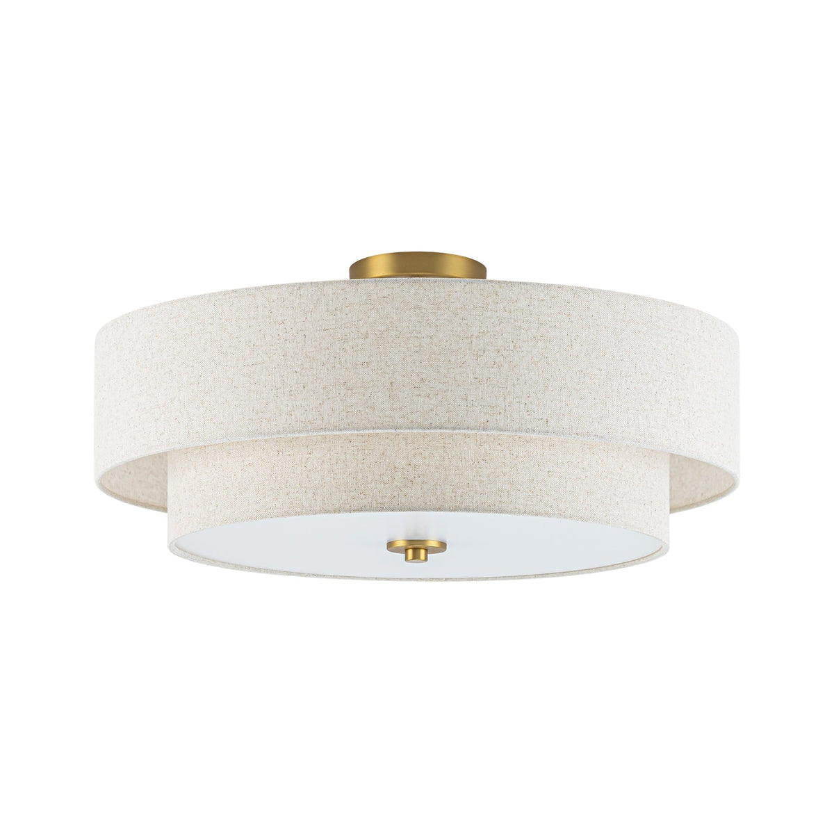 4-Light Tiered Beige Linen Round Drum Brass Semi Flush Mount