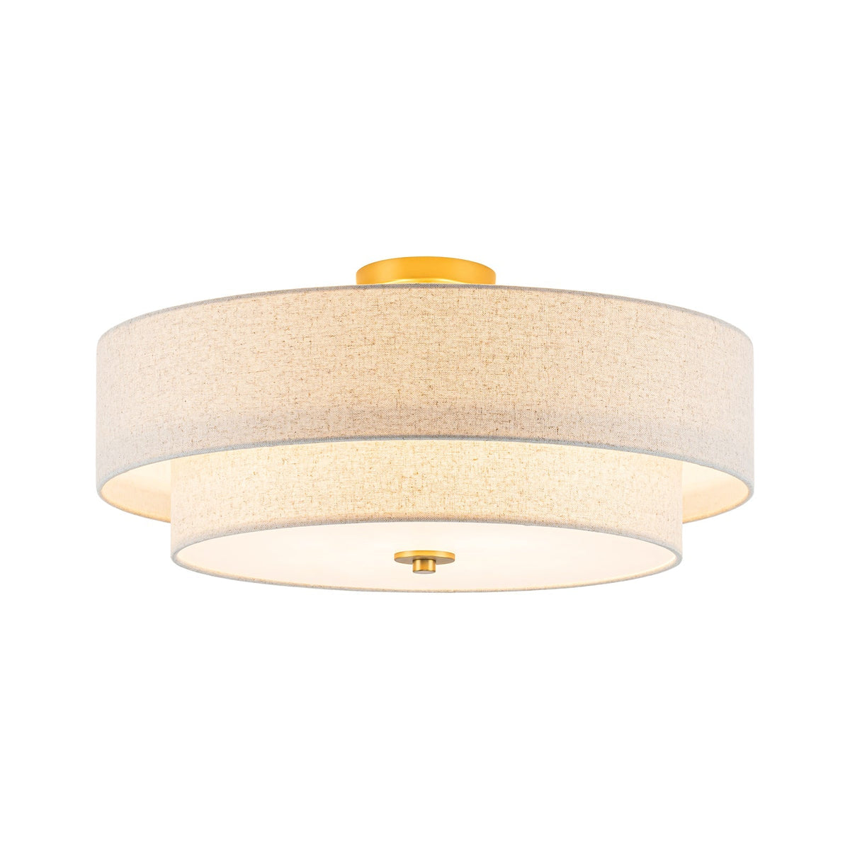 4-Light Tiered Beige Linen Round Drum Brass Semi Flush Mount