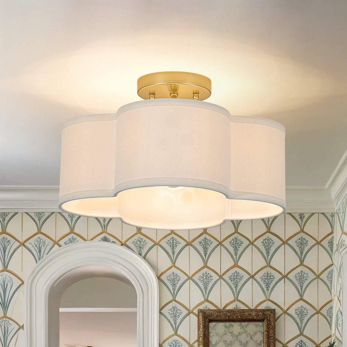 4-Light White Fabric Quatrefoil Cage Semi Flush Mount