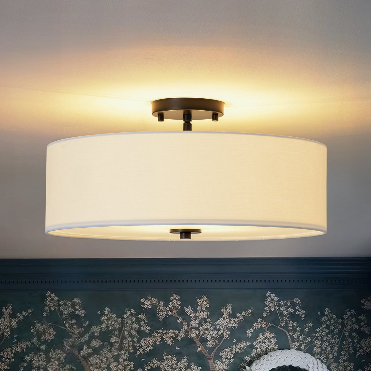 4-Light White Linen Round Drum Semi Flush Mount