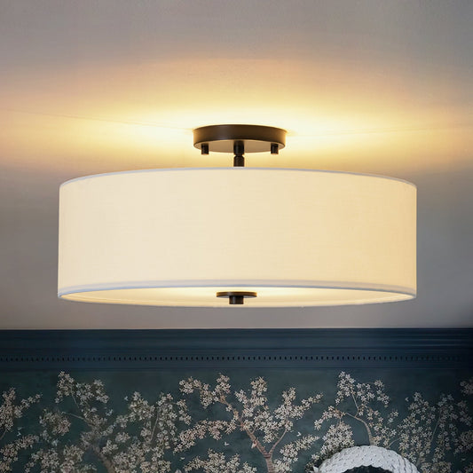 4-Light White Linen Round Drum Semi Flush Mount