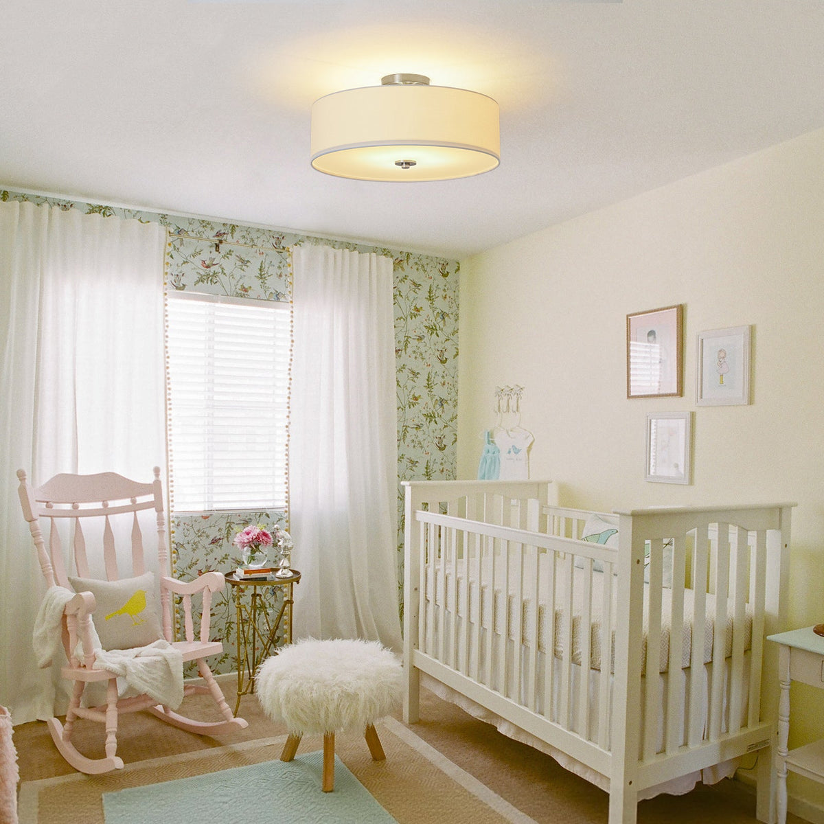 4-Light White Linen Round Drum Semi Flush Mount