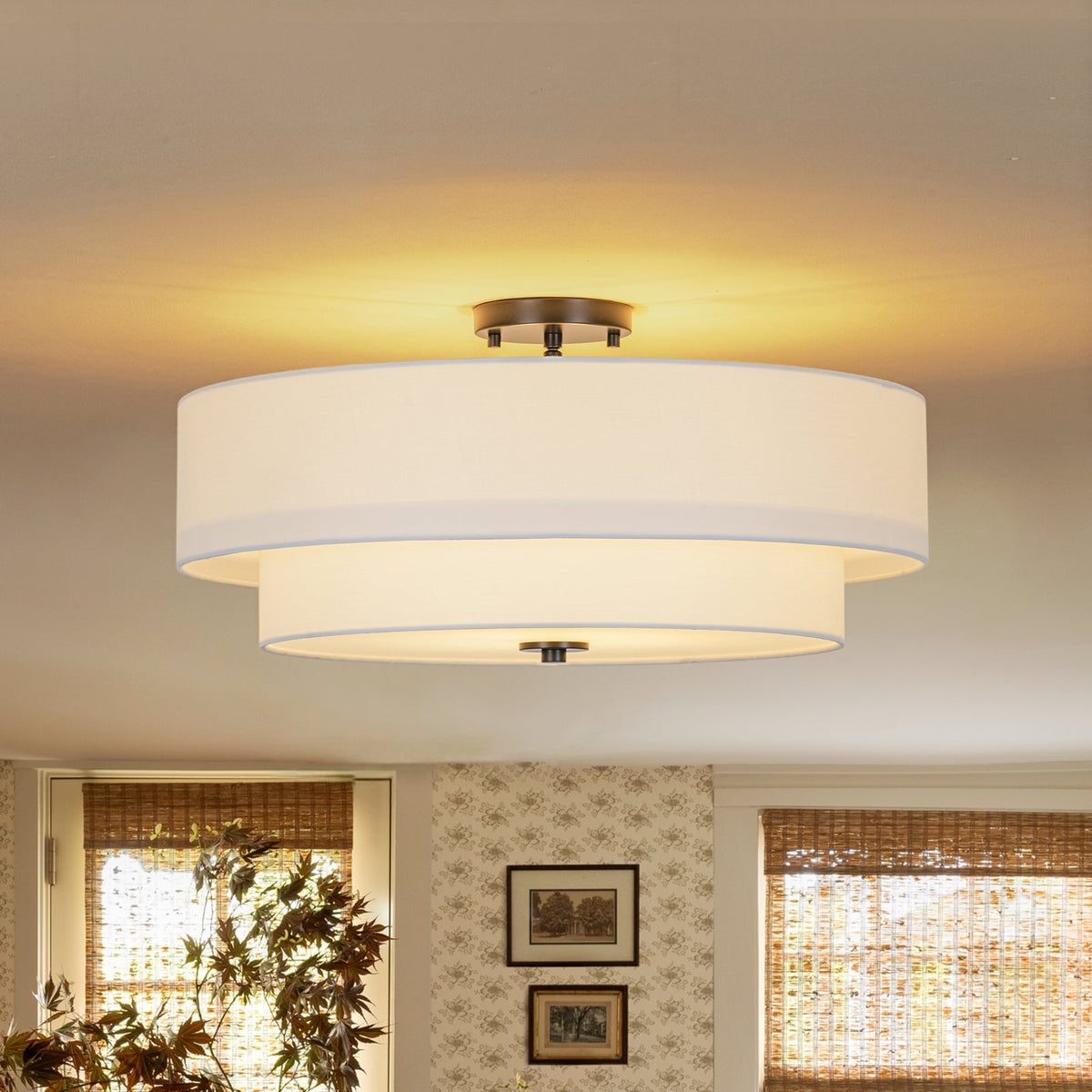 4-Light White Linen Round Drum Semi Flush Mount