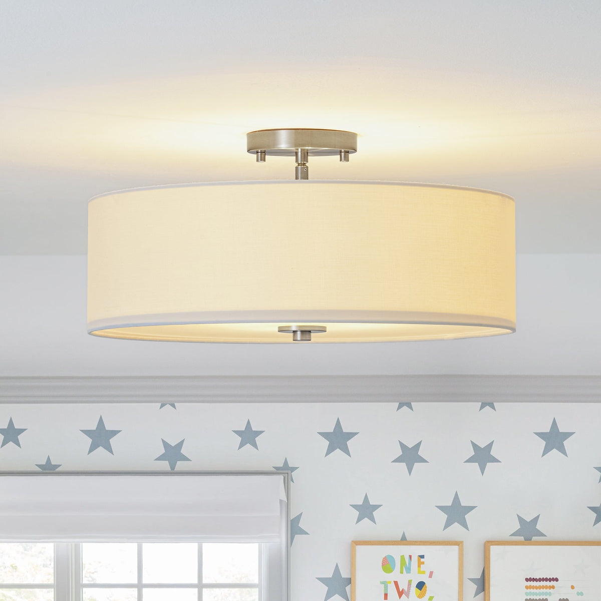 4-Light White Linen Round Drum Semi Flush Mount