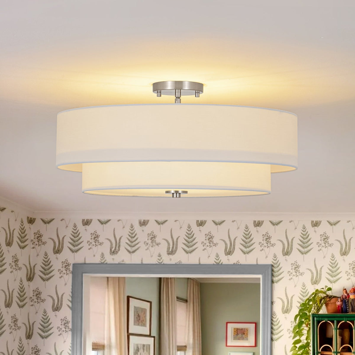 4-Light White Linen Round Drum Semi Flush Mount
