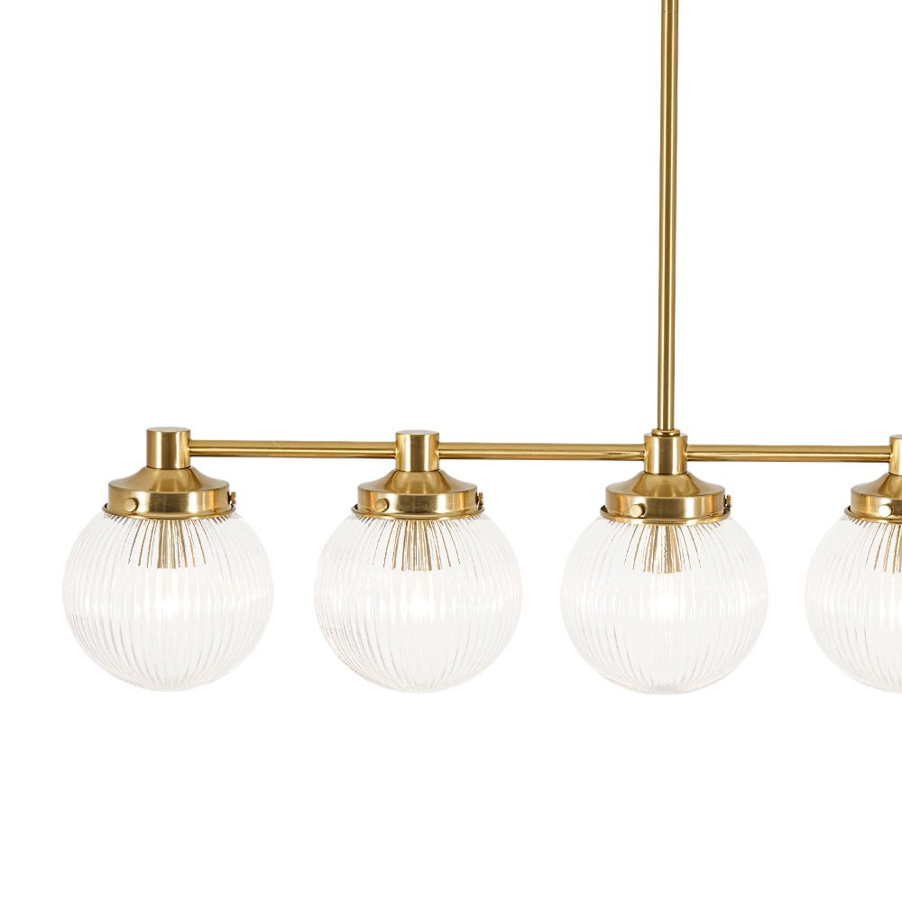 5-Light Brass Ribbed Glass Globe Linear Island Chandelier